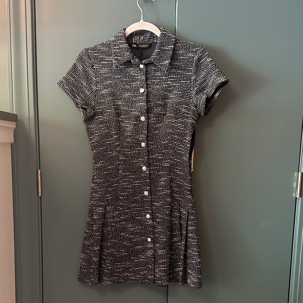 Zara Navy and White Textured Mini Dress
